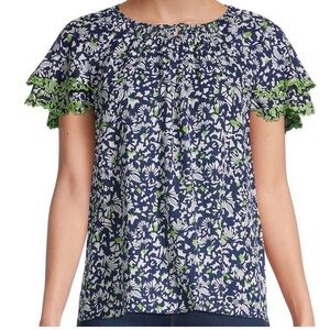 Tanya Taylor Silk Blue Floral Tiered Short Sleeve Pullover Top Small